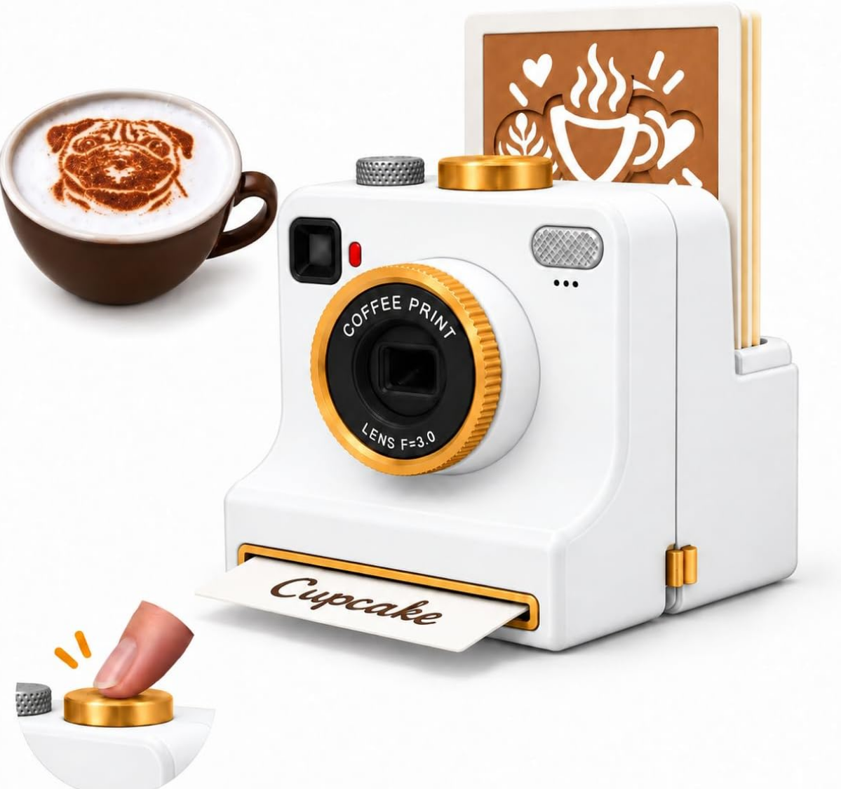 White LatteoArt™ latte art camera stencil kit with 8 pattern plates