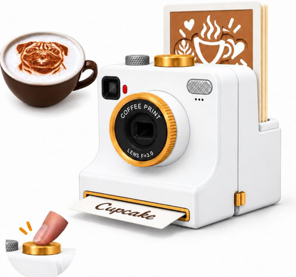 White LatteoArt™ latte art camera stencil kit with 8 pattern plates