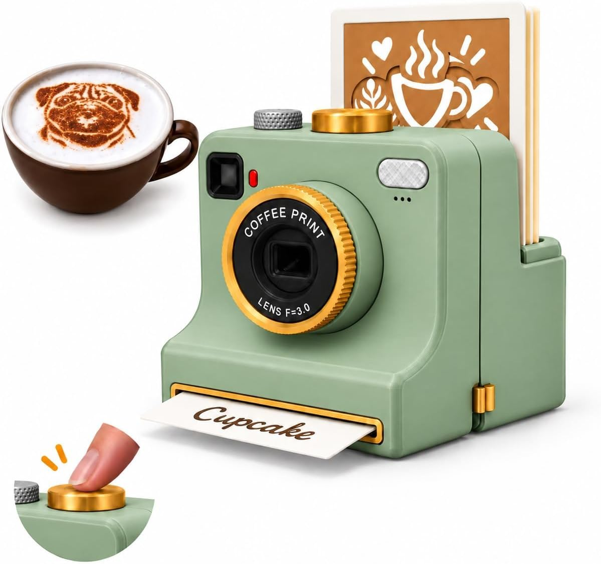 Green LatteoArt™ latte art camera stencil kit with 8 pattern plates
