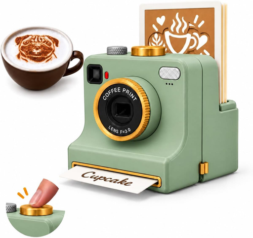 Green LatteoArt™ latte art camera stencil kit with 8 pattern plates