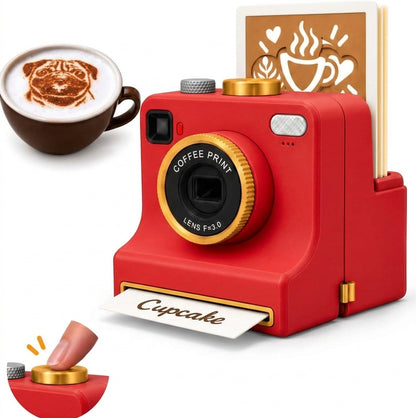 Red LatteoArt™ latte art camera stencil kit with 8 pattern plates